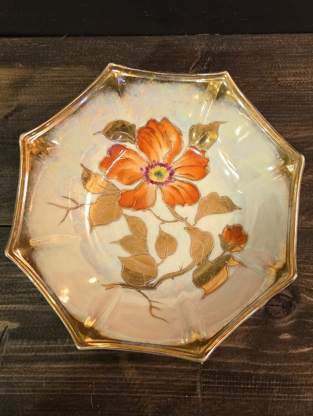 Vintage Iridescent Lusterware Octagonal Bowl Orange Floral Gold Trim 7"